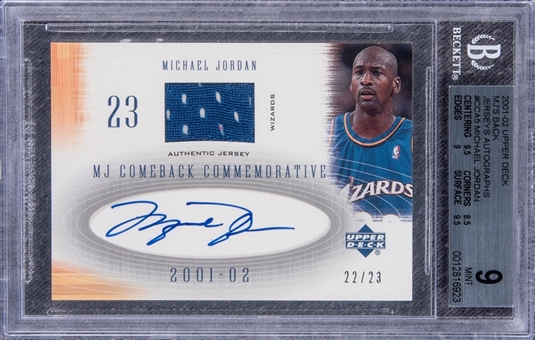 2001-02 Upper Deck MJs Back Jerseys Autographs #CCA5 Michael Jordan Signed Patch Card (#22/23) – BGS MINT 9/BGS 10